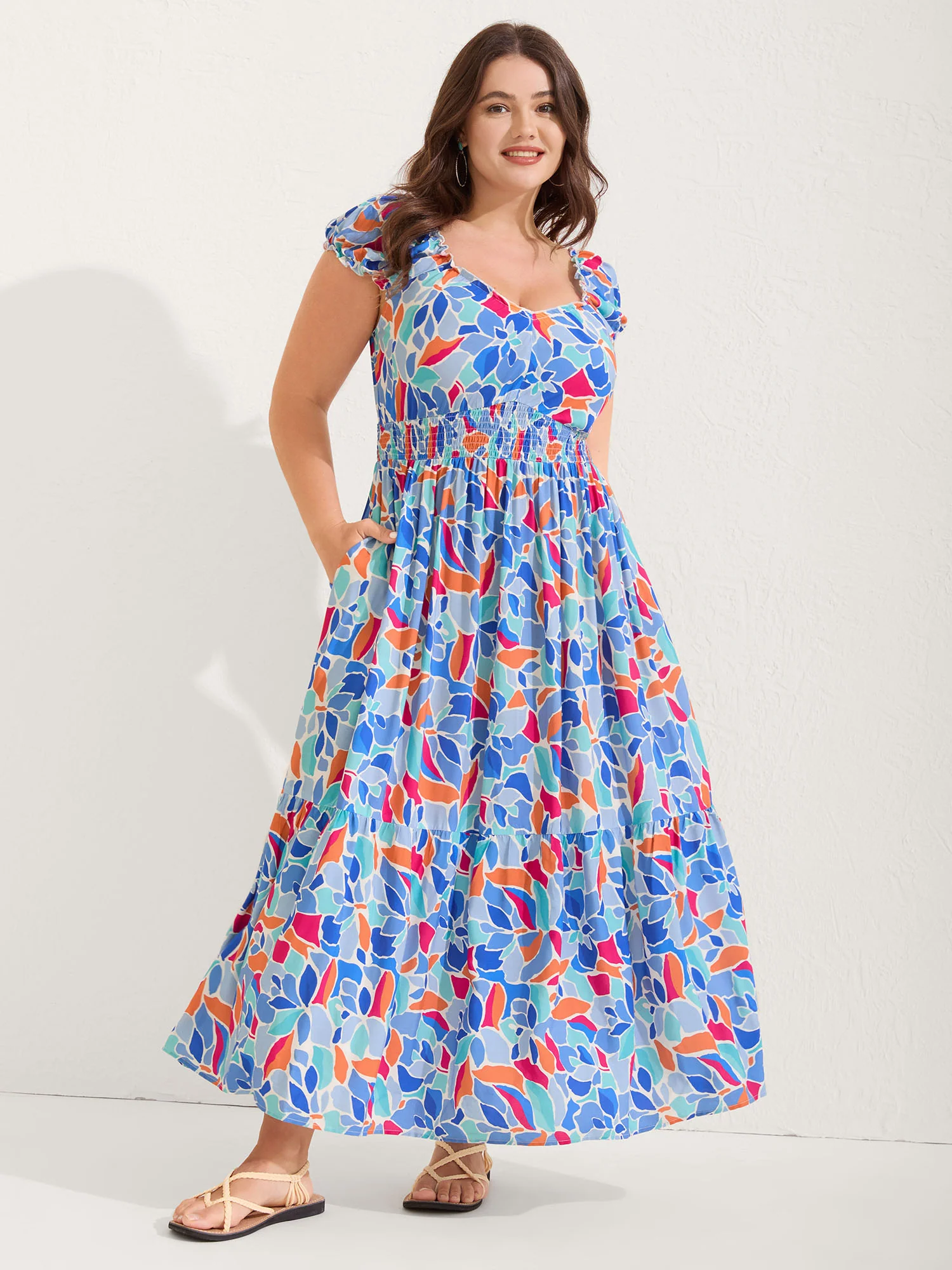 Floral Abstract Shirred Waist Midi Dress