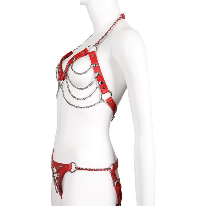 Sexy Halter Chain Hollow Out PU Lingerie Set