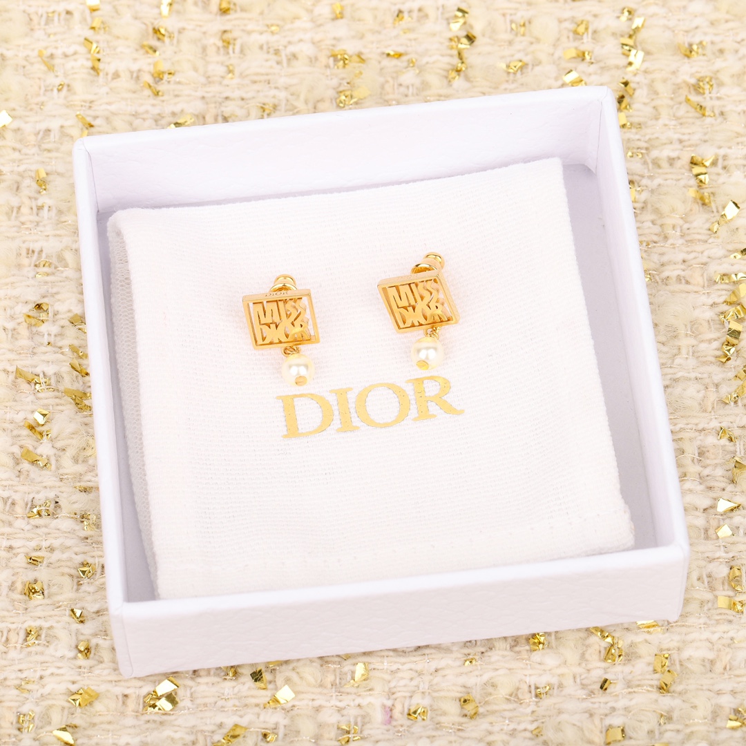 Dior Square Letter Pearl Earrings
