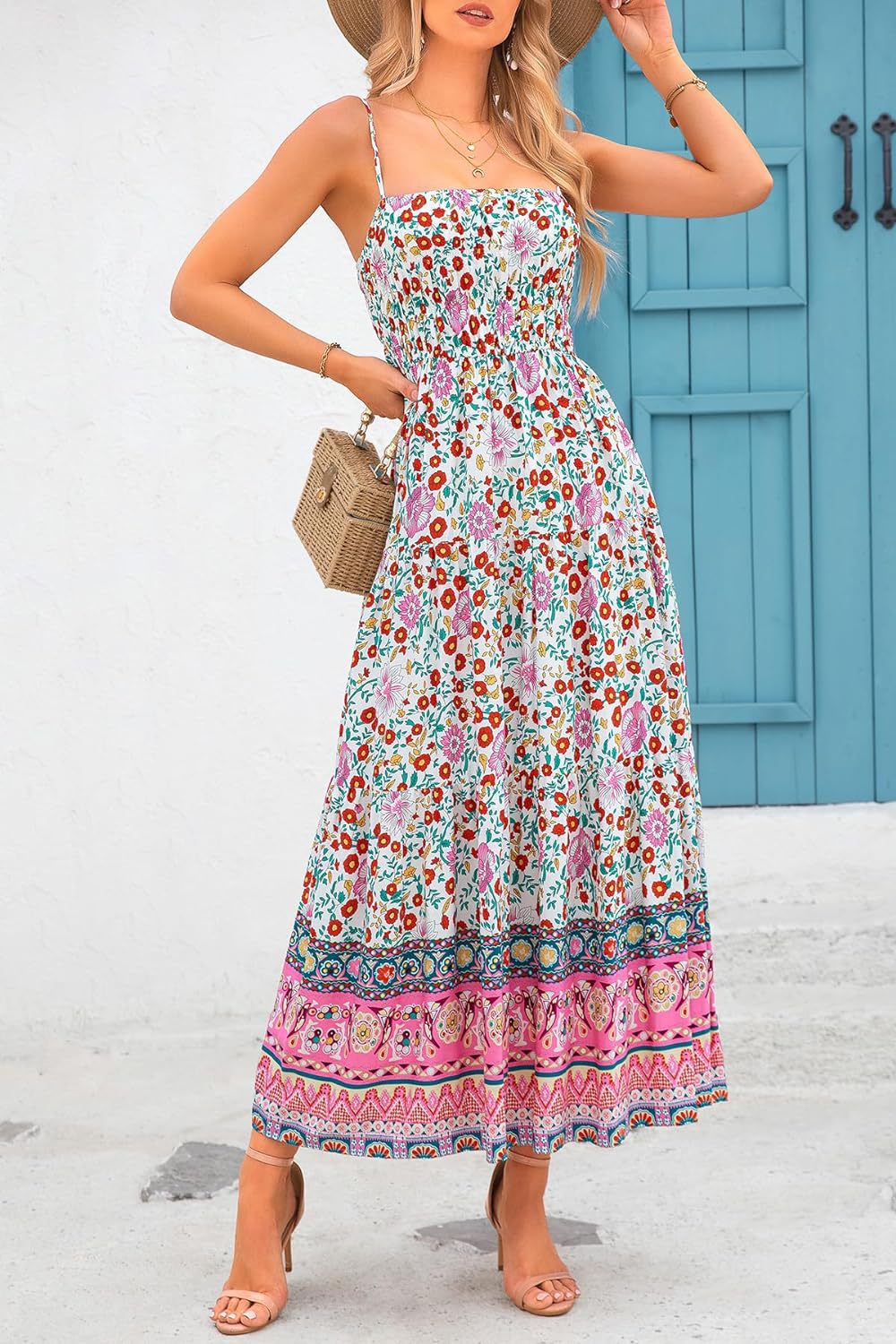 Red and green Retro Floral Bohemian dress with adjustable shoulder straps