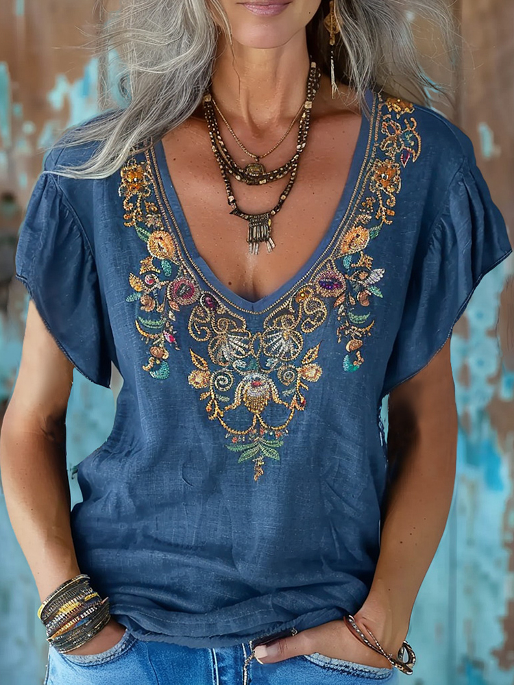 Vintage Bohemian Ethnic Floral Linen Art Print Short Sleeve V-neck Shirt