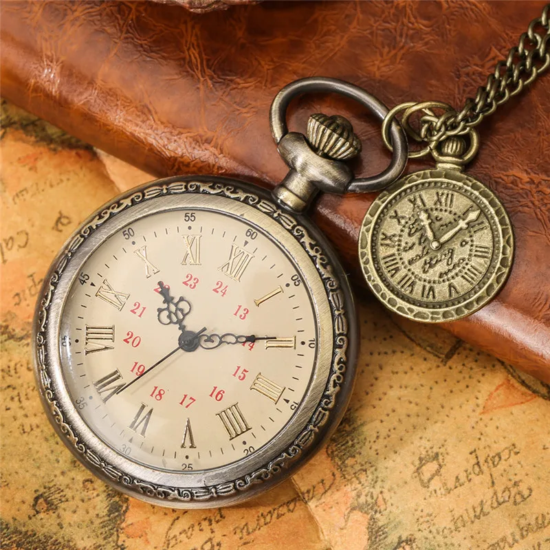 spthOld Fashion Clock Open Face Design Retro Quartz Pocket Watch for Men Women Fob Compass with Necklace Chain Reloj De Bolsillo