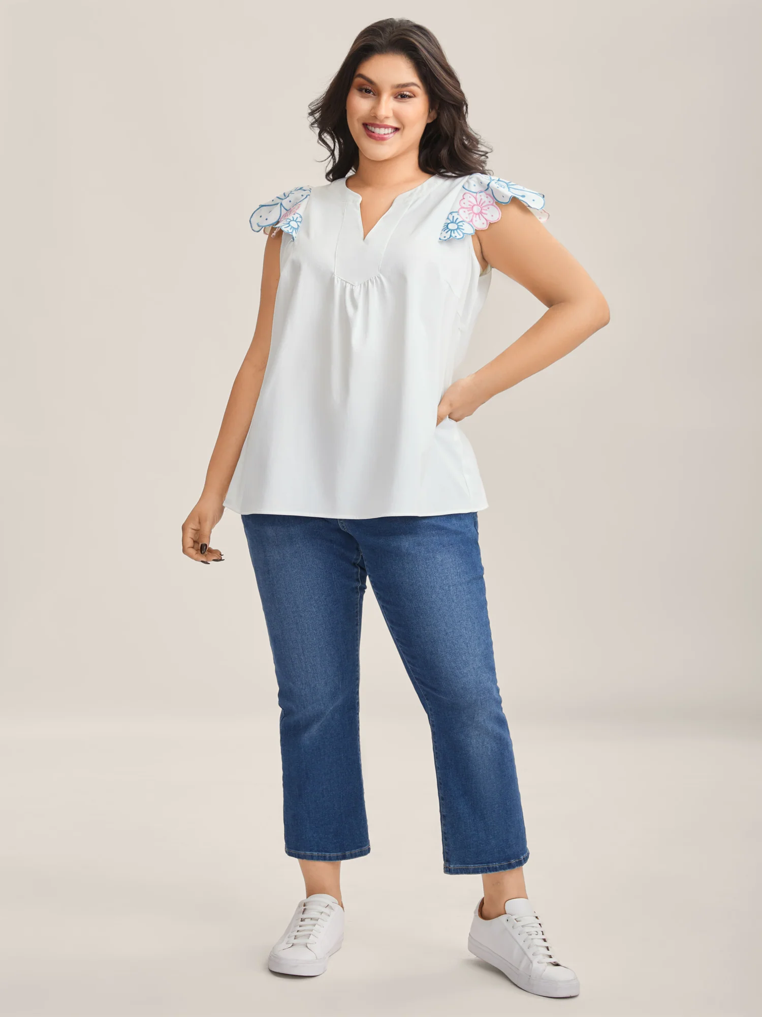 Floral Lotus Leaf Sleeve Split Neck Blouse