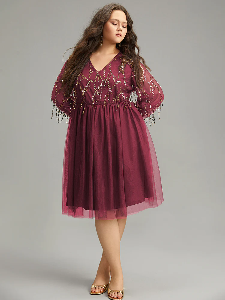 Sequin Mesh Patchwork Tassel Dress