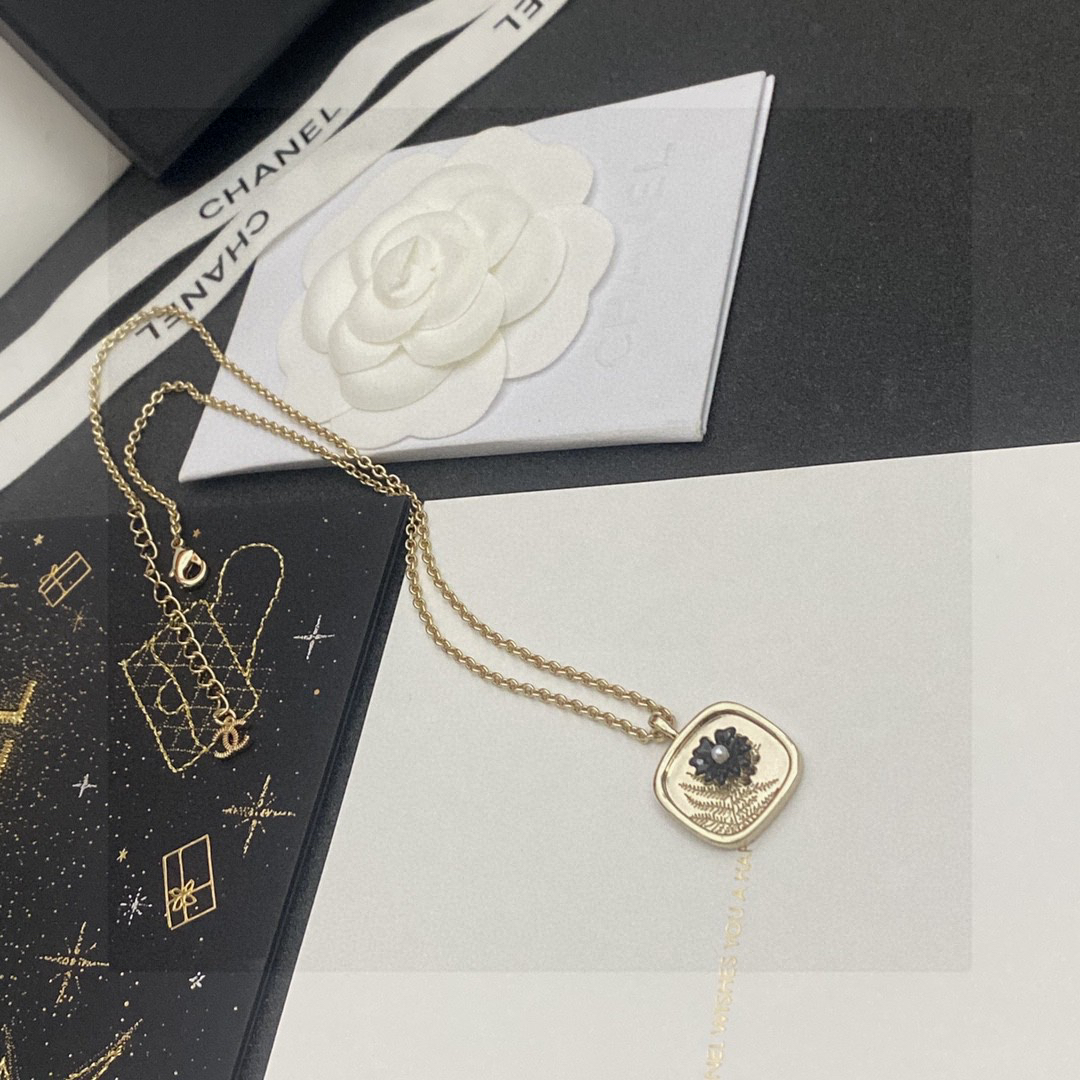 Chanel Square 3D Floral Image Pendant Necklace