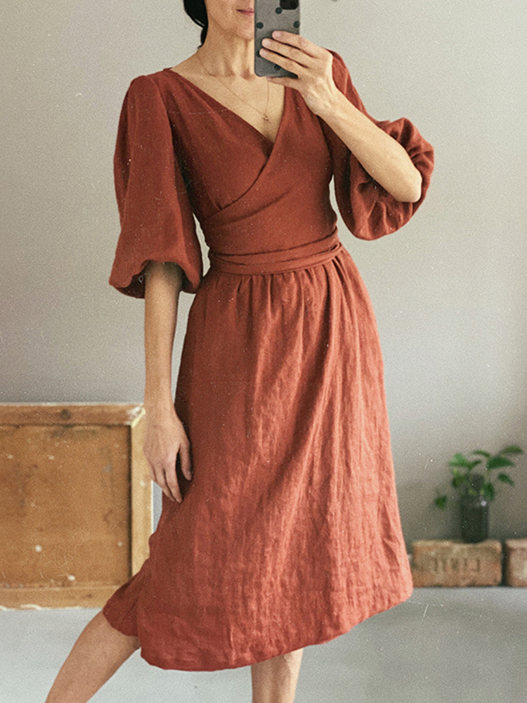 Casual Solid Color V Neck Strappy Midi Dress