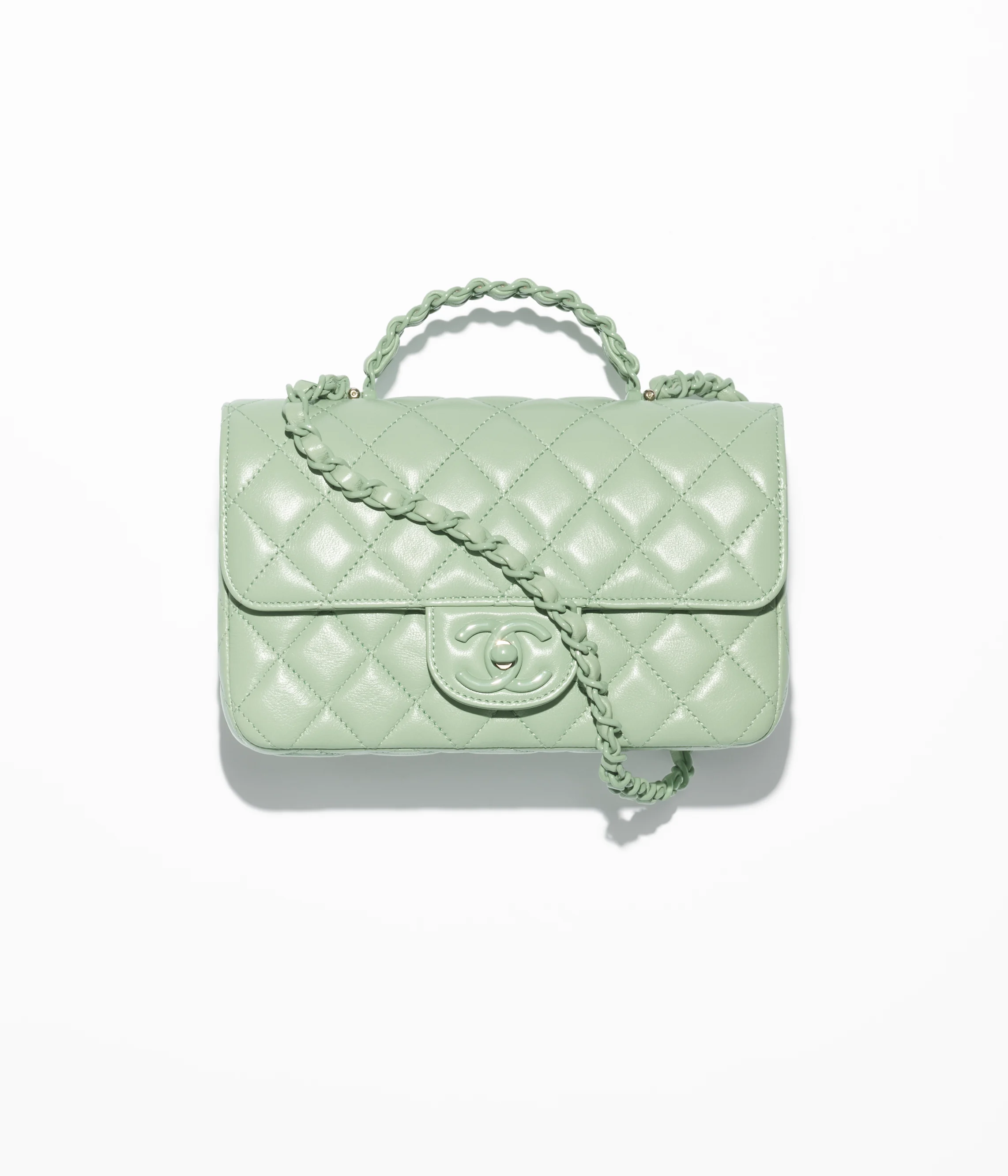 Chanel Mini Flap Bag with Top Handle Lambskin & Lacquered Metal Light Green AS5243-B18687-NM369