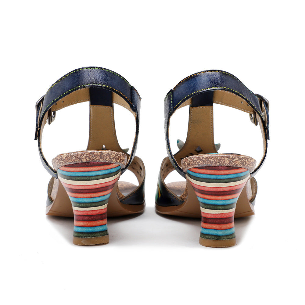 Retro Genuine Leather High Heel Sandals with Rainbow Wine Glass Heel