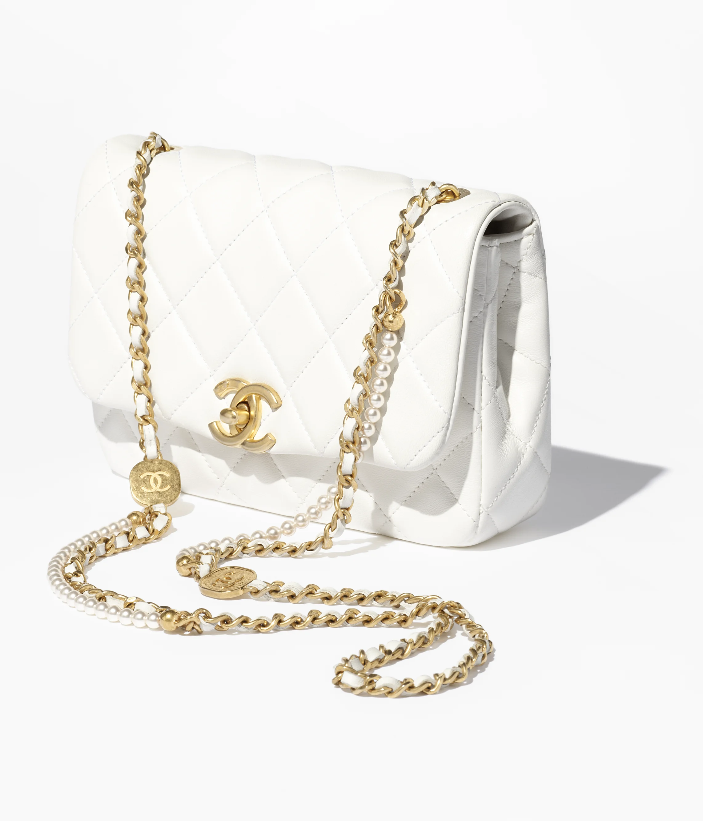 Chanel Mini Flap Bag Shiny Lambskin, Imitation Pearls & Gold-Tone Metal White AS5352-B19384-10601