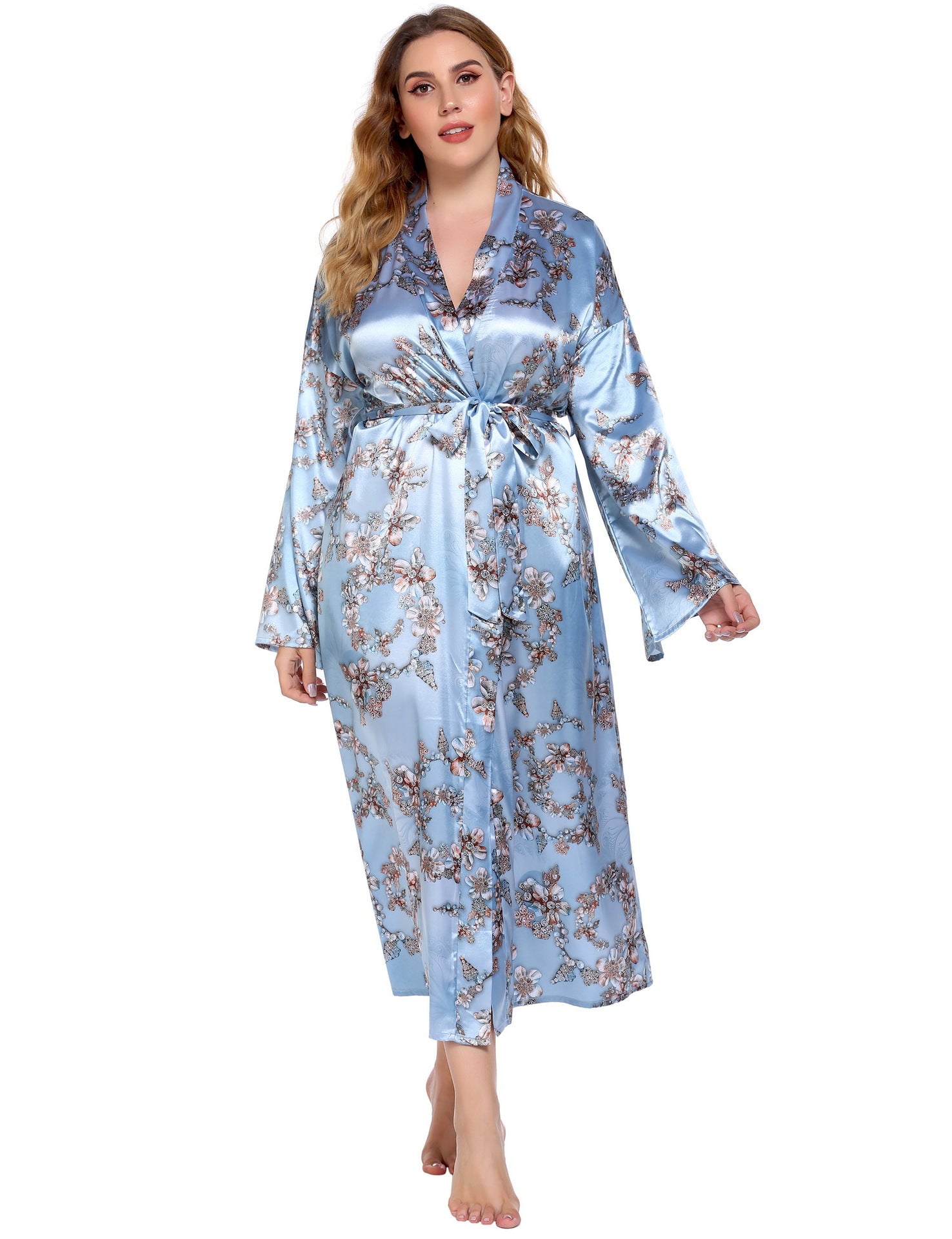 Plus Size Home Pajamas Silk Satin Printed Nightgown