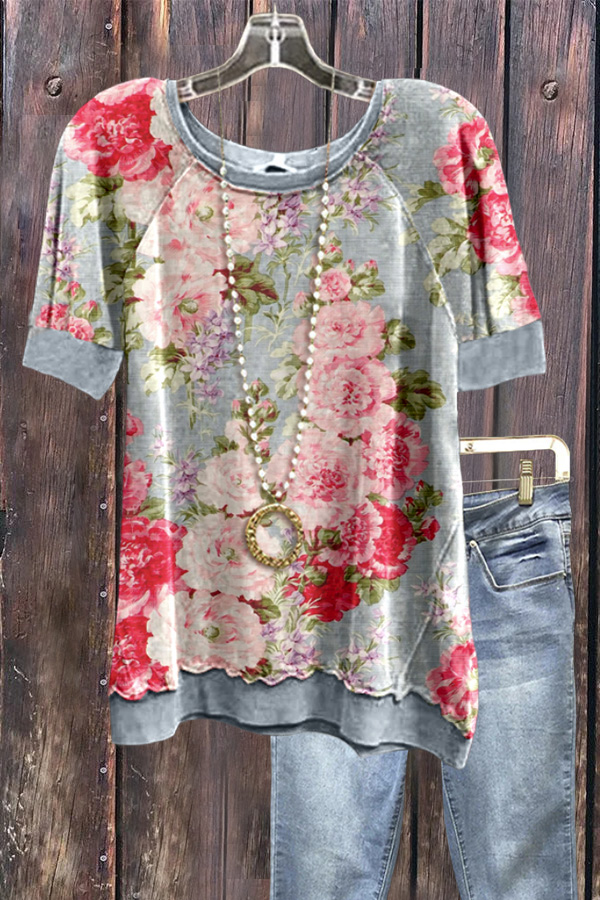 Vintage Floral Print Short Sleeve Sweatshirt