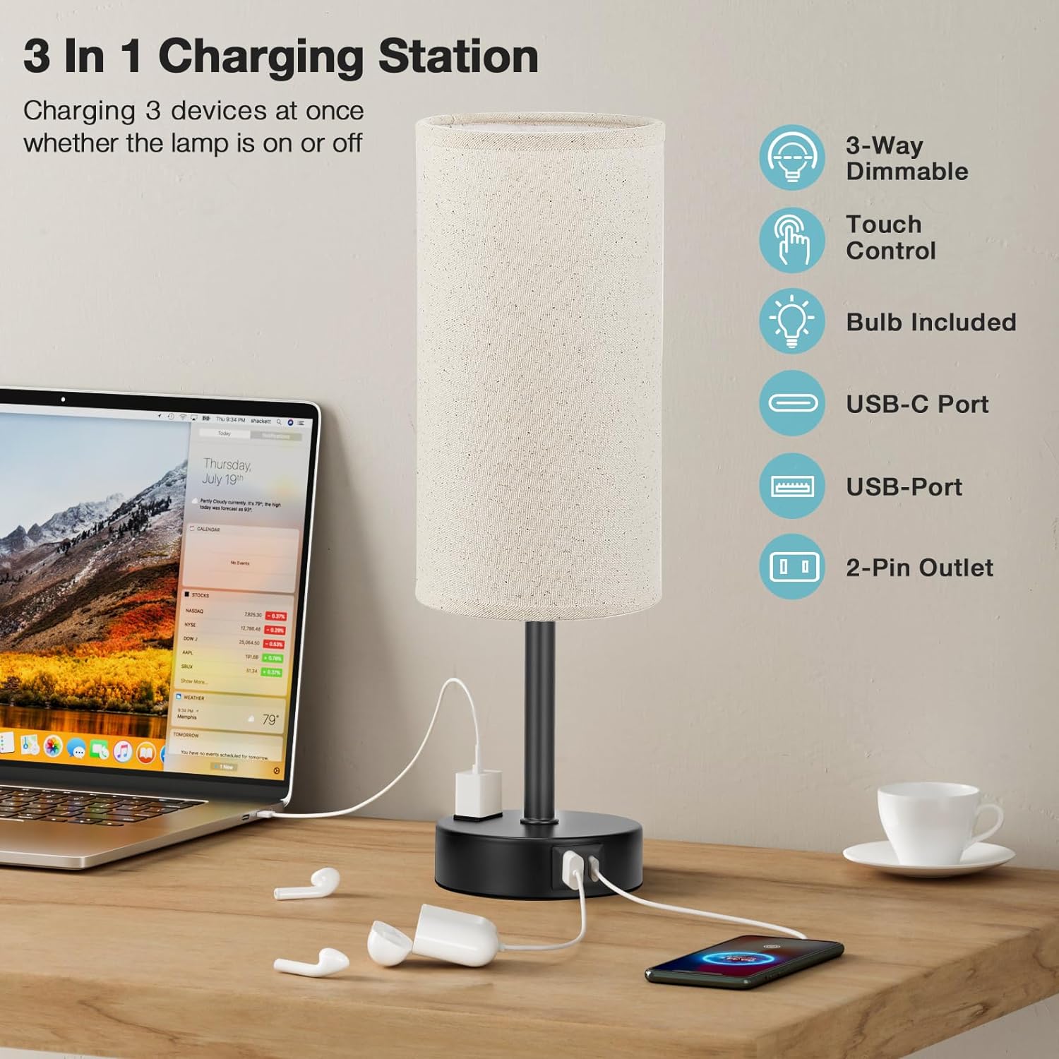 Bedside Table Lamp for Bedroom - 3 Way Dimmable Touch Lamp USB C Charging Ports and AC Outlet, Small Lamp Wood Base Round Flaxen Fabric Shade for Living Room, Desk, LED Bulb Included