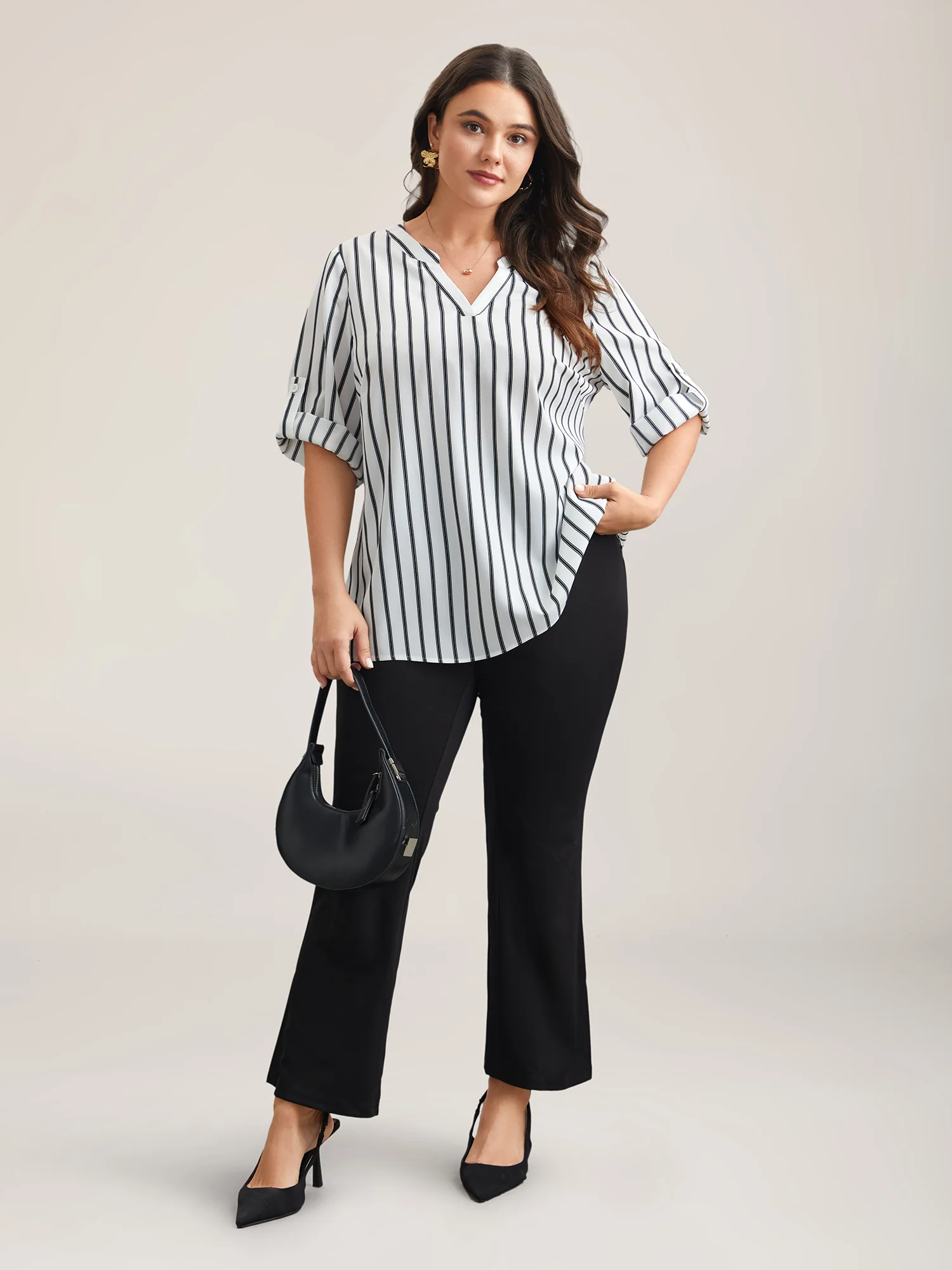 Notched Collar Striped Tab Sleeve Shirt