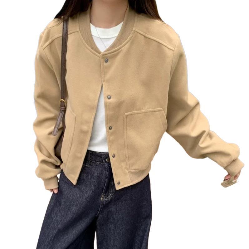 Korean-Style Retro Solid Color Baseball Jacket, Autumn Casual and Relaxed Fit