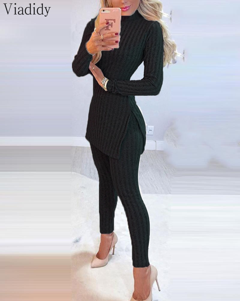Women's 2-Piece Winter Suit with Long Sleeve Ribbed Slit Top and High Waist Knitted Pencil Pants