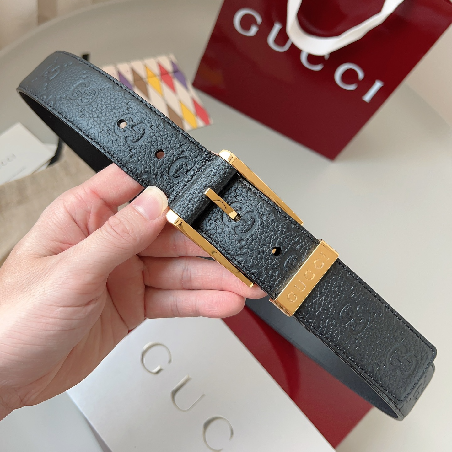 Gucci pin buckle printed leather belt 3.5cm wide