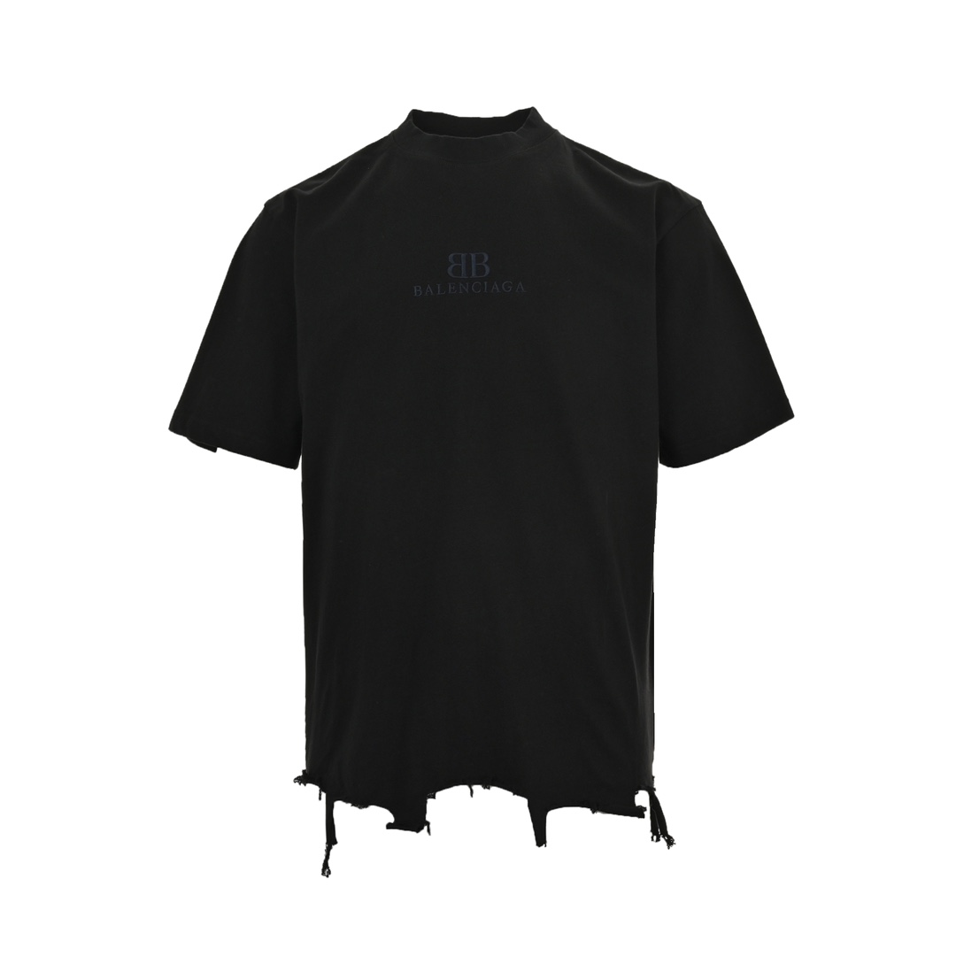 Balenciaga 24ss embroidered double B destroyed tassel short sleeves