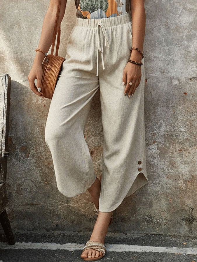 Casual Elegant Cotton And Linen Lace-Up With Pockets Irregular Cropped Pants