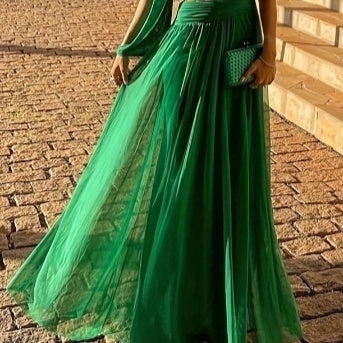 Elegant Solid Color One-Shoulder Midriff Dress for Spring and Summer – Slim Fit Long Dress