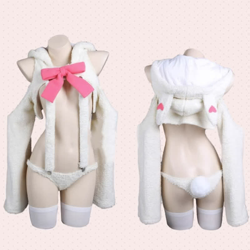 Cosplay Bowknot Hooded Plush Lingerie Set