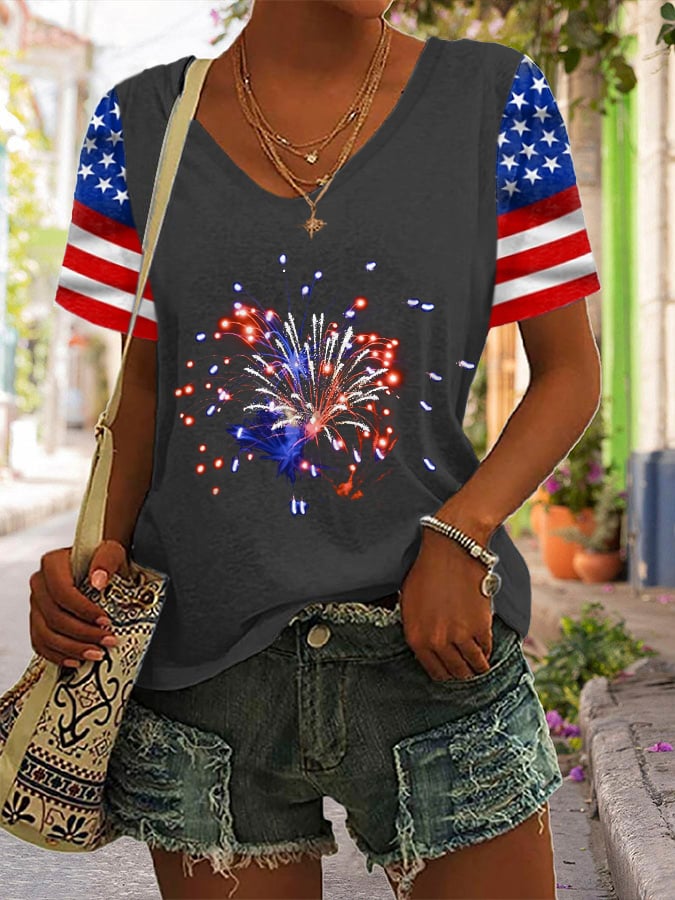 Women's V-Neck Flag Fireworks Independence Day Print T-Shirt