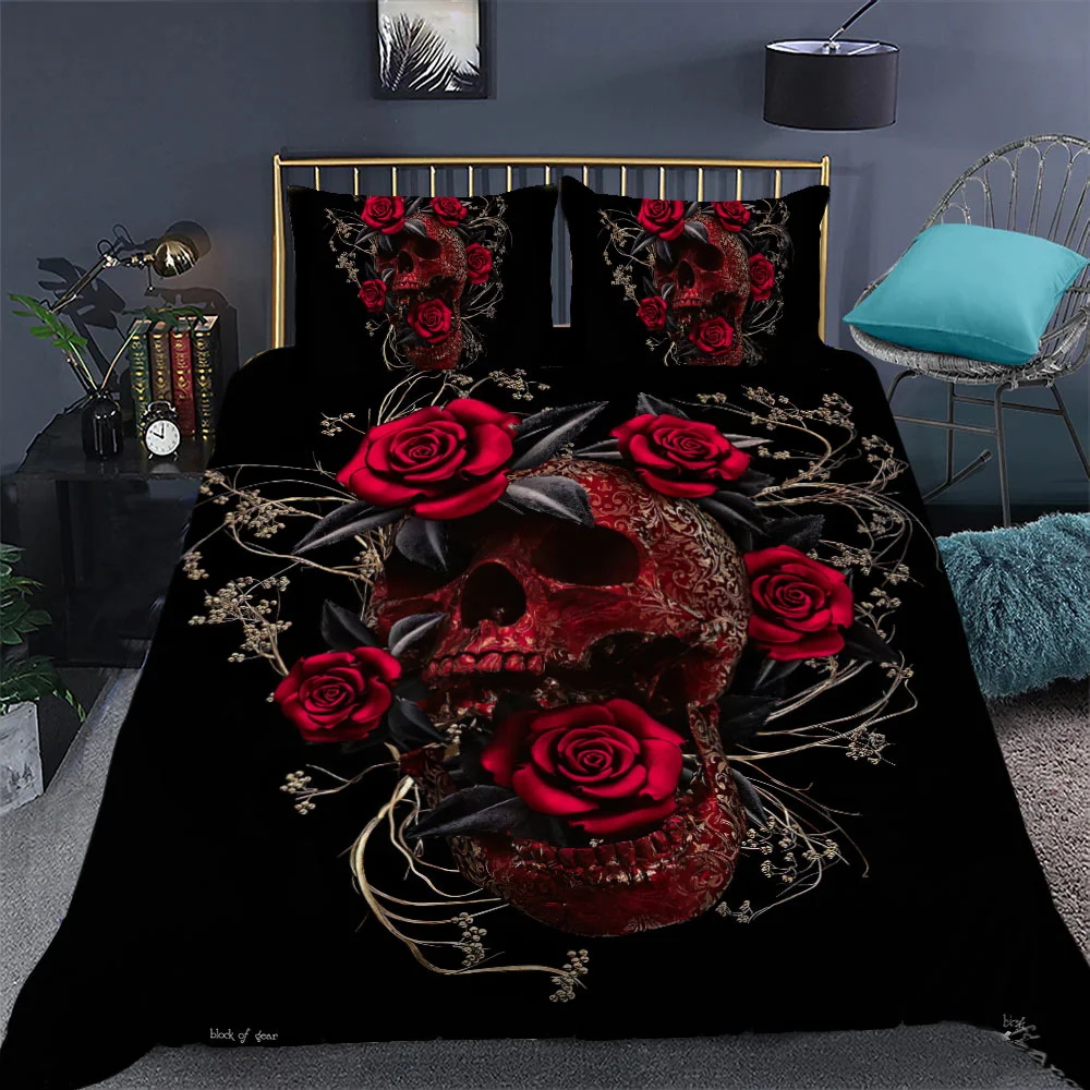 Rose Flowers Sugar Skull Quilt Bed Set