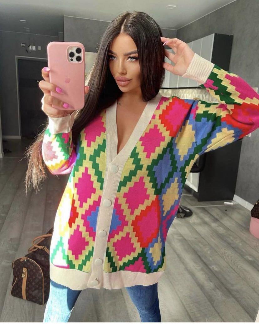 Loose Knitted Geometric Cardigan Sweater Coat