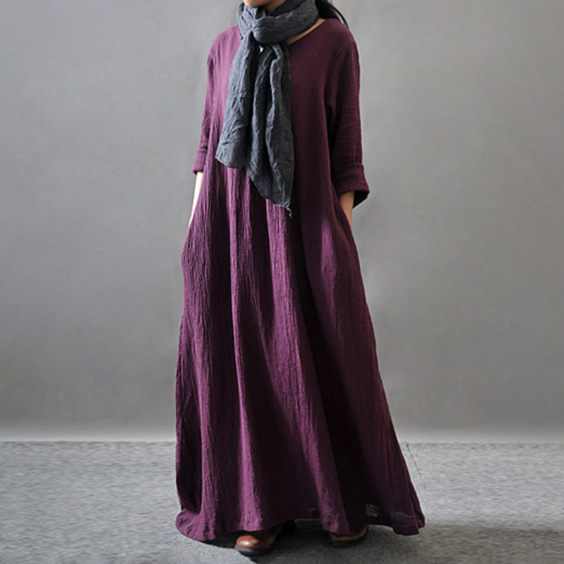 Solid Color Pleat Pocket Casual Maxi Dress