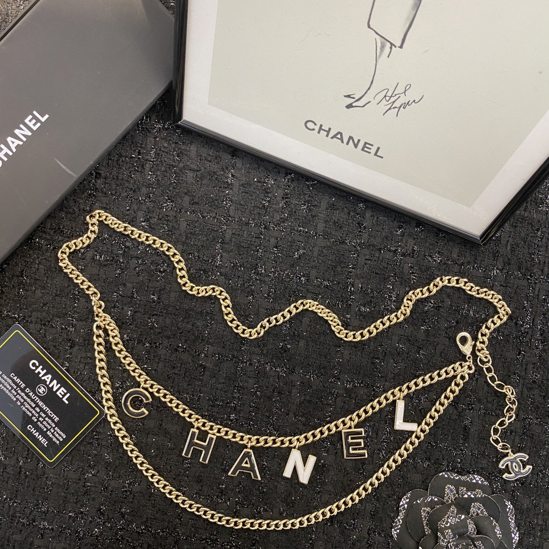 CHANEL black and white enamel letter metal waist chain