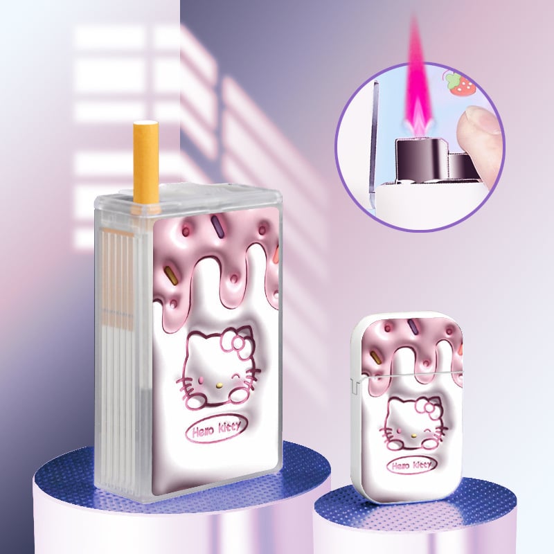 Cartoon 3D cigarette case with windproof lighter pink flame lighter
