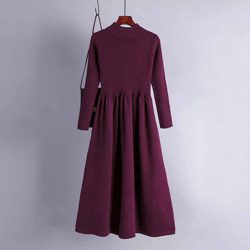 Autumn and winter half-high collar large pendulum long style knitted dress waist show thin long sleeve simple temperament sweater bottom skirt woman