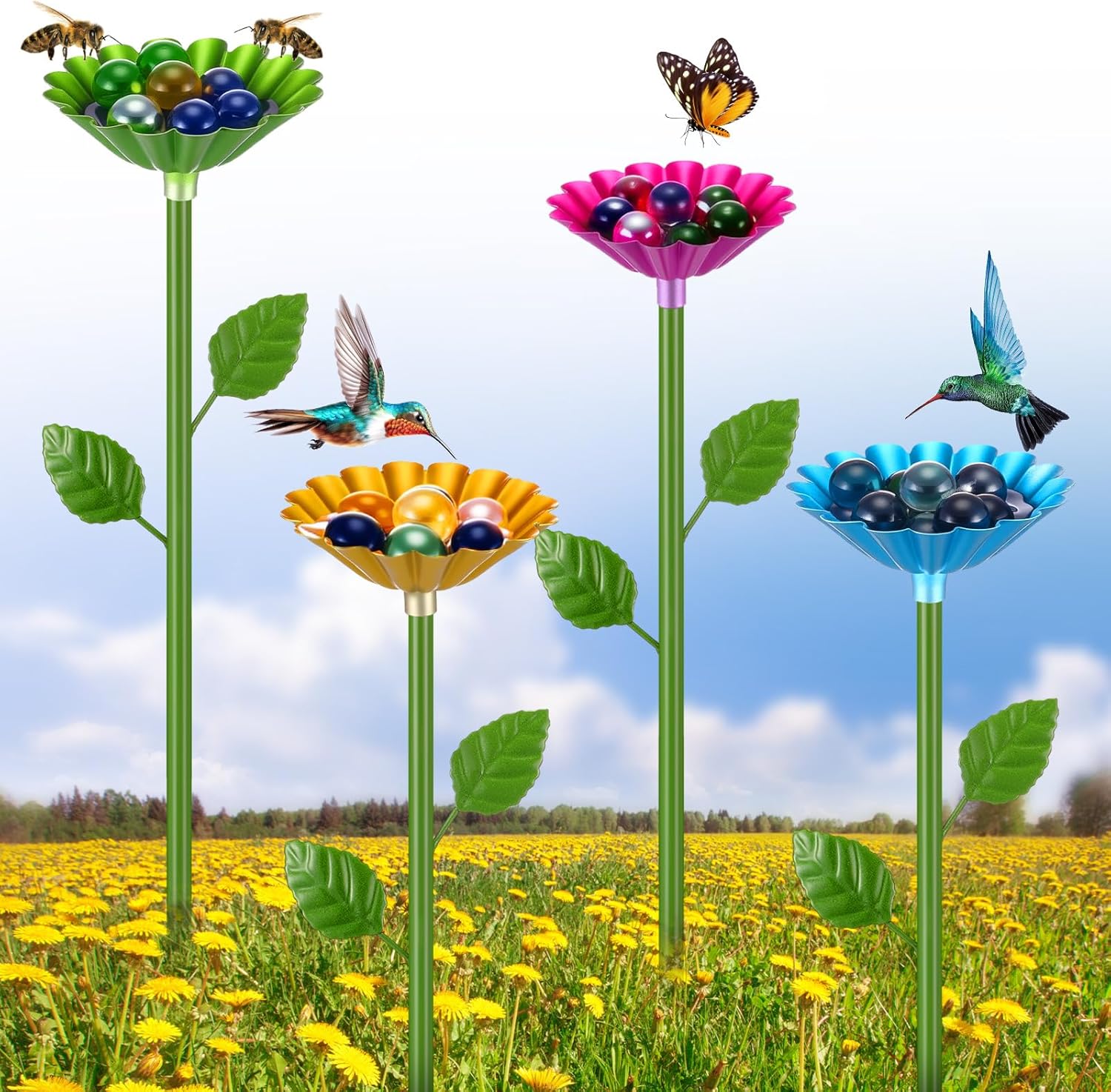🔥ON SALE 59% OFF🔥Bee Butterfly Hummingbird Watering Station Colorful Flower Design Water Feeder