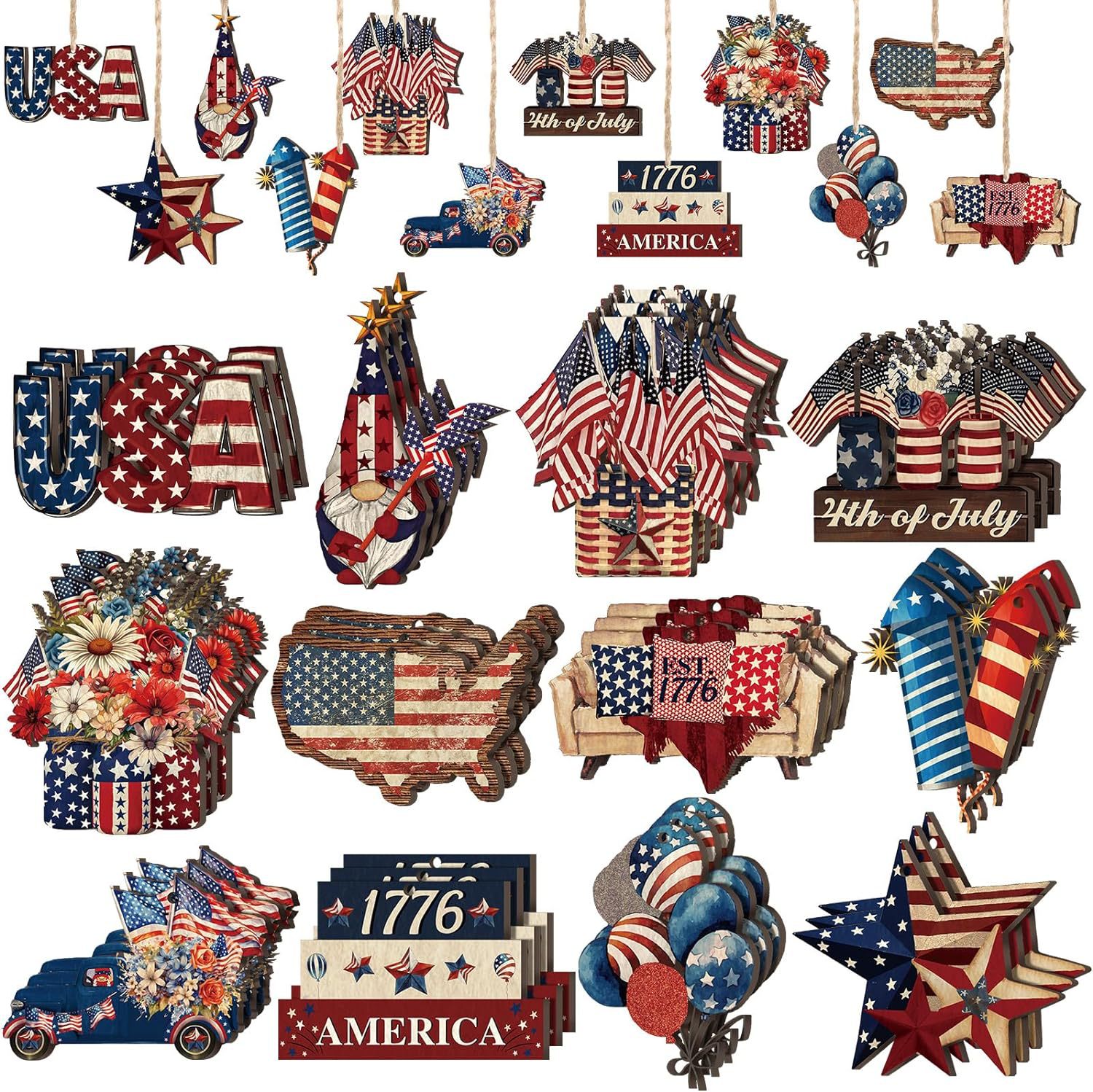 🔥[SAVE 50% OFF]--Independence Day Patriotic Decor-Handmade Double-sided printing Wooden Ornaments with the equipped rope