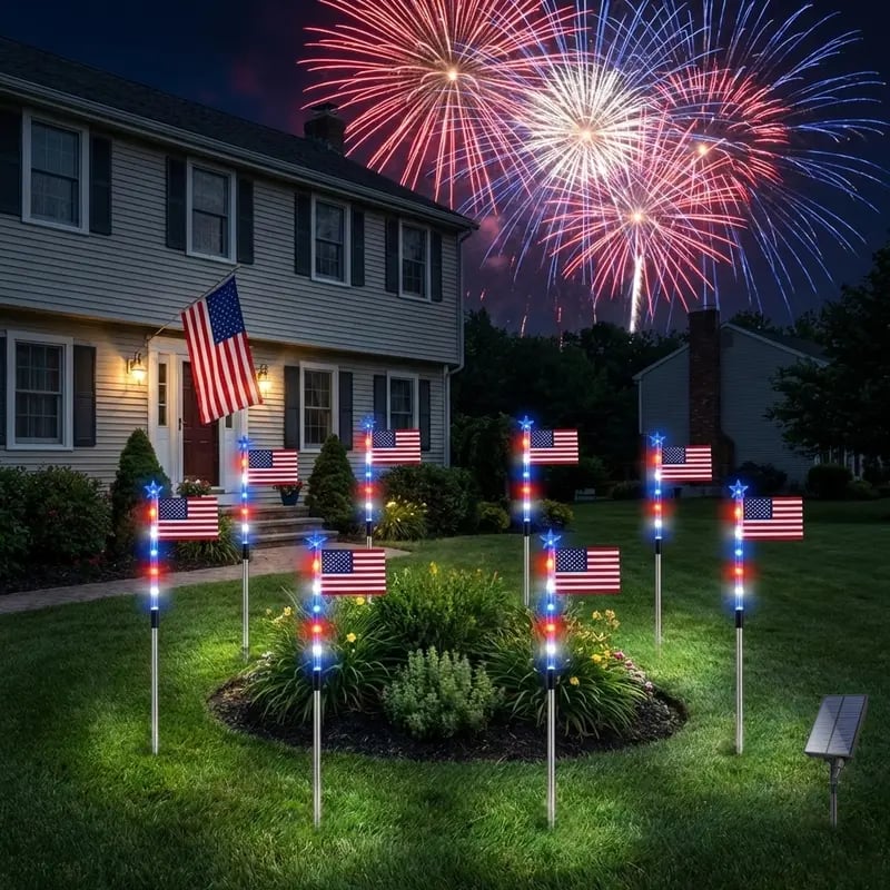 8 Solar American Flag Pathway Lights – Red, White & Blue Yard Glow for 250th Independence Celebration 🇺🇸✨