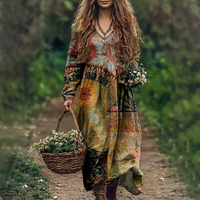 Vintage Floral Pattern Women's Flowy Maxi Dress