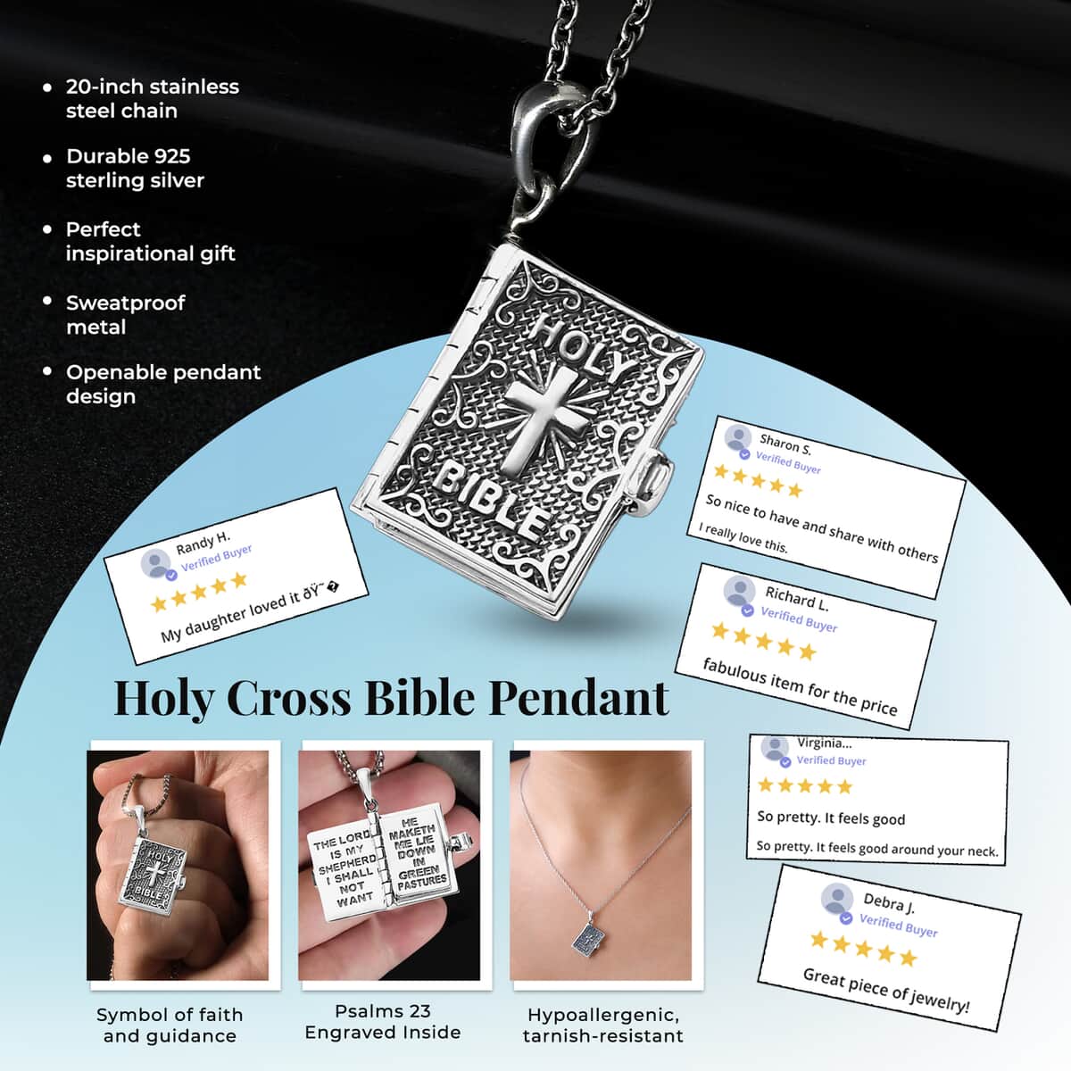 Bible Pendant Necklace in 925 Sterling Silver-Engraved Religious Lockets-Necklace Length 20