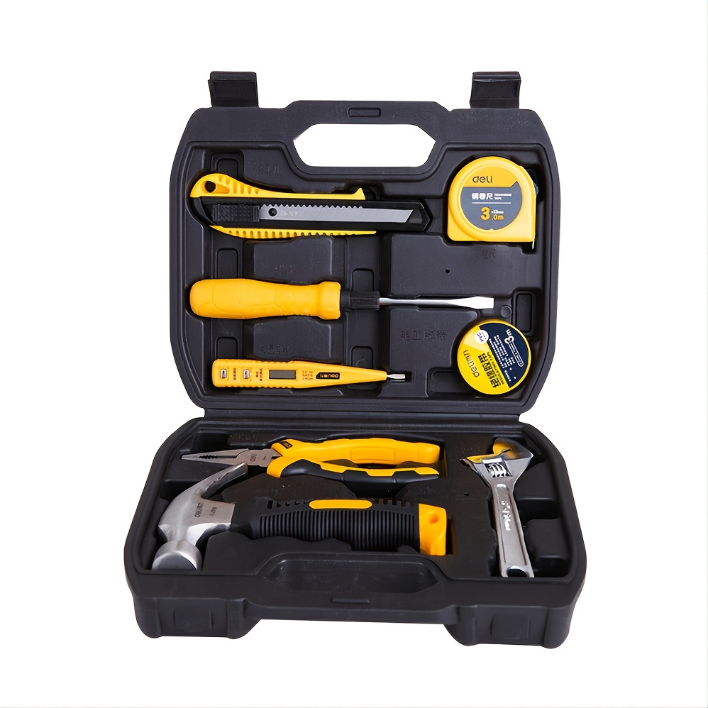 Tool Box Kit 8-piece Comprehensive Maintenance Kit Hammer Open End Wrench Pliers Screwdriver Art Knife Measuring Pencil Tape Combination Tool Kit Black Tool Kit