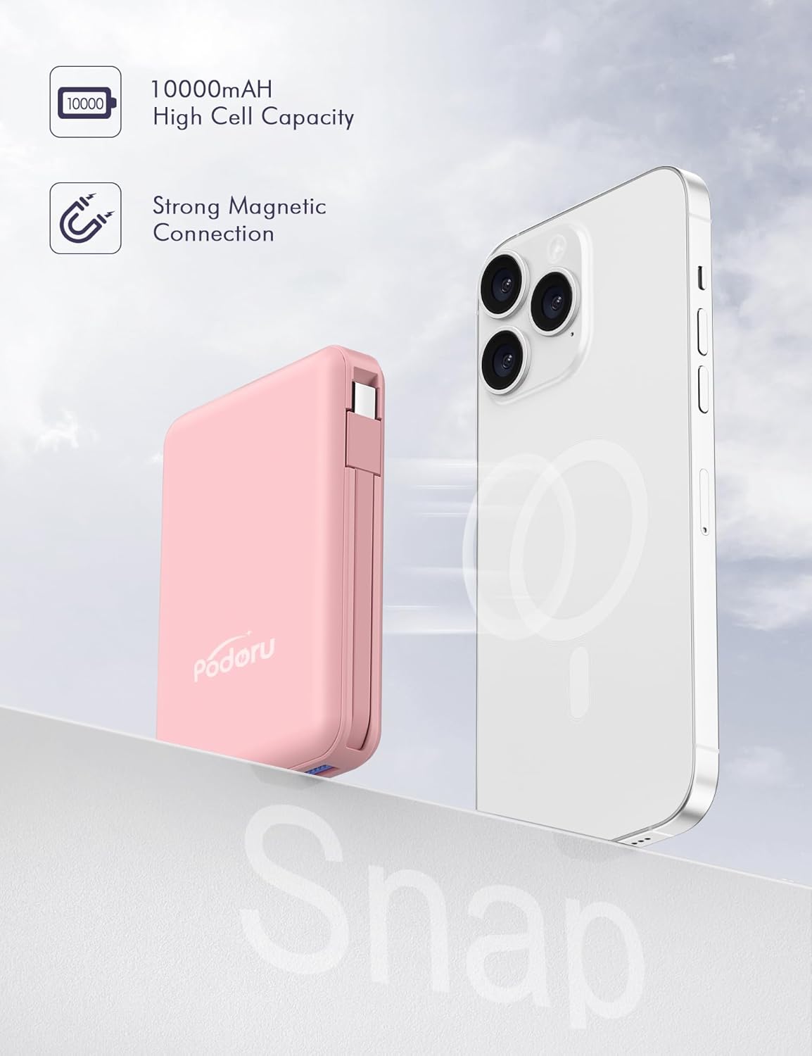 podoru Wireless Portable Charger, 10000mAh Magnetic Power Bank Built-in USB-C Lighting Cables 22.5W PD Fast Charging LED Display Mag-Safe Battery Pack for iPhone 15/14/13/12/Mini/Pro/Pro Max - White