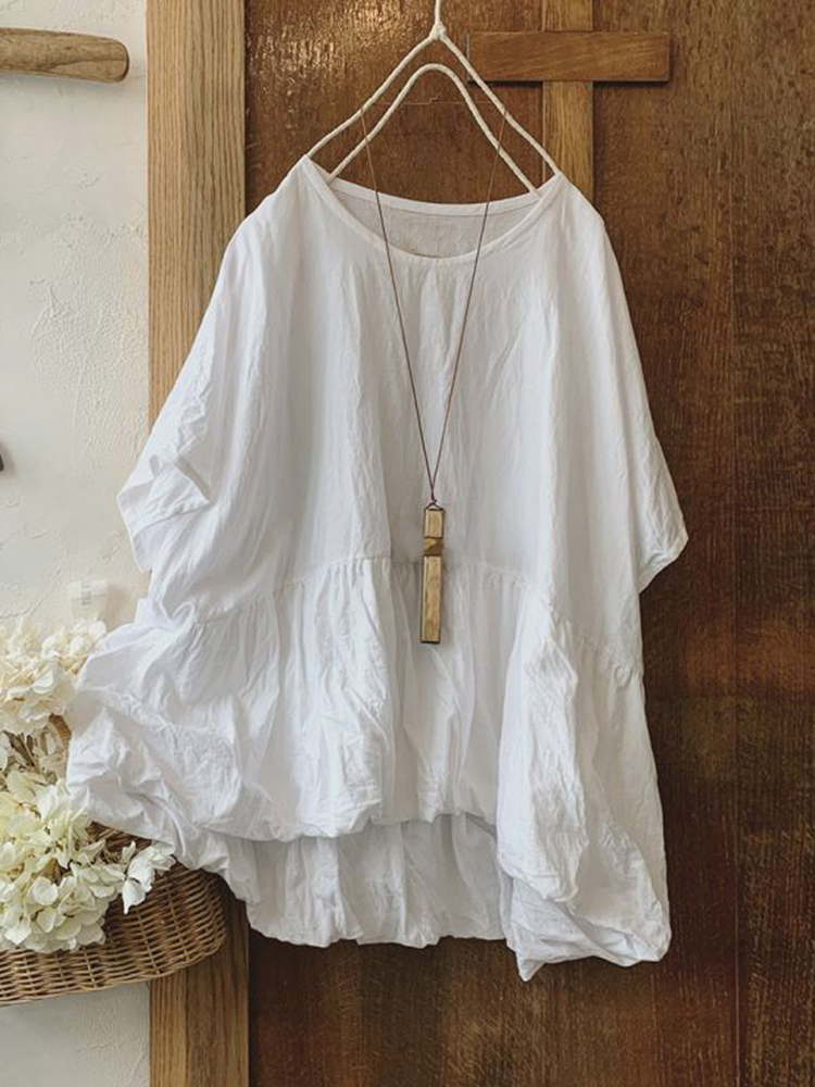 Loose Round Neck Short Sleeve Gathered Paneled Cotton And Linen Shirt