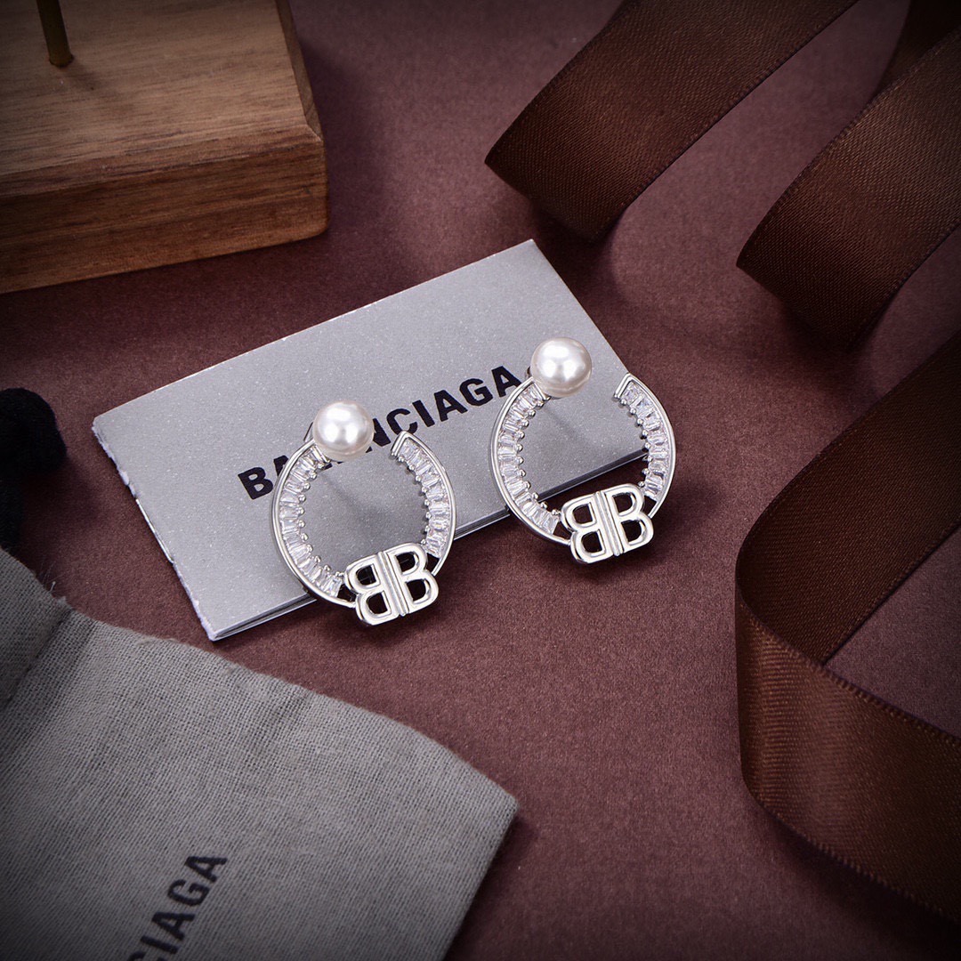 Balenciaga Diamond Hoop Pearl Earrings