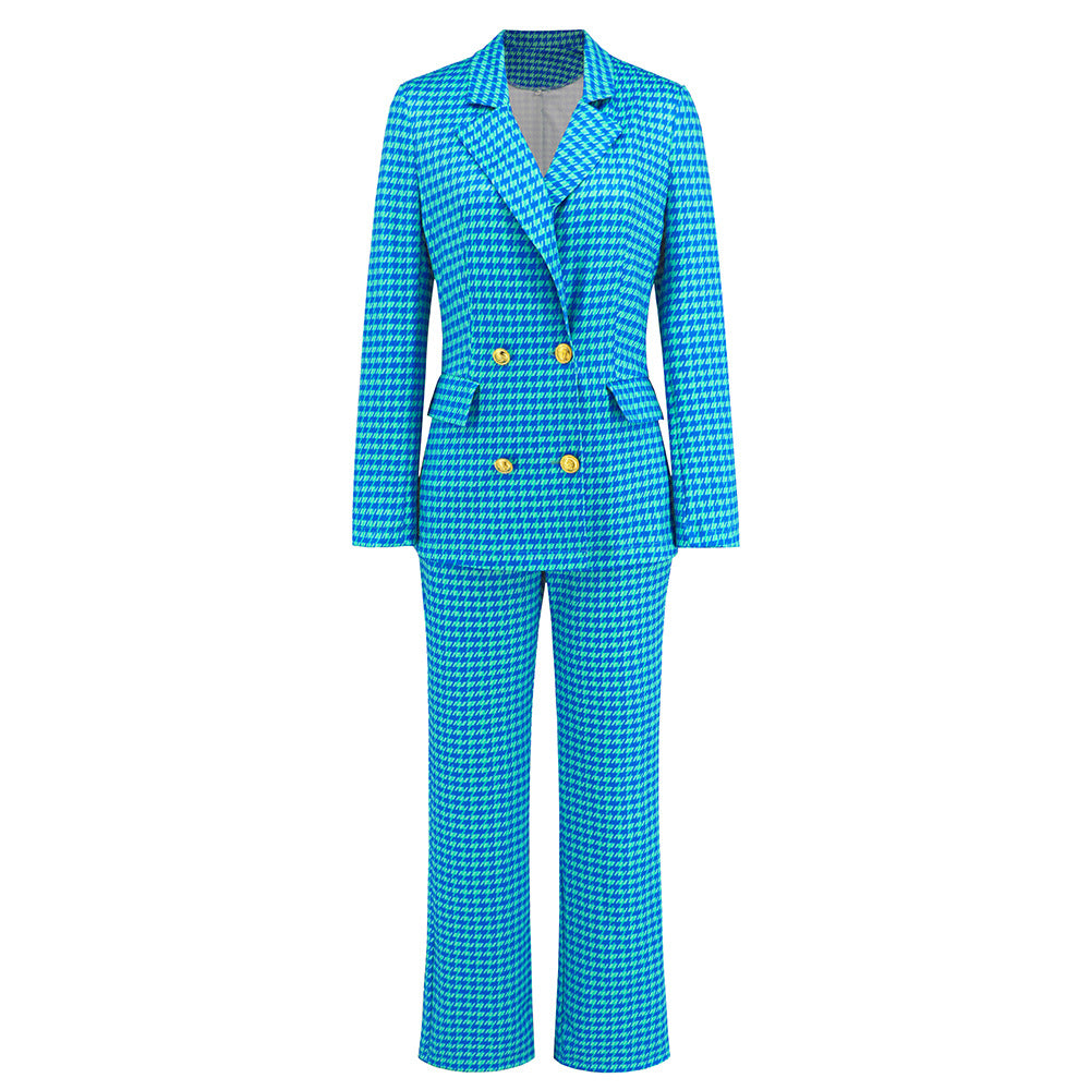 Houndstooth Double-Breasted Blazer and Slim-Fit Straight Trousers Suit for Women