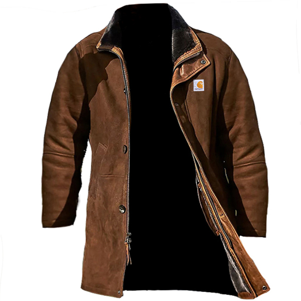 Men's Vintage Western Cowboy Suede Mid-Length Faux Fur Lining Jacket Coat