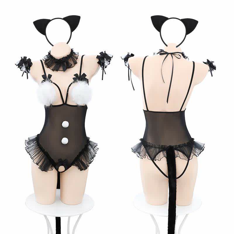 Lovely Kitty See Through Ruffled Jumpsuit Lingerie Stockings Set