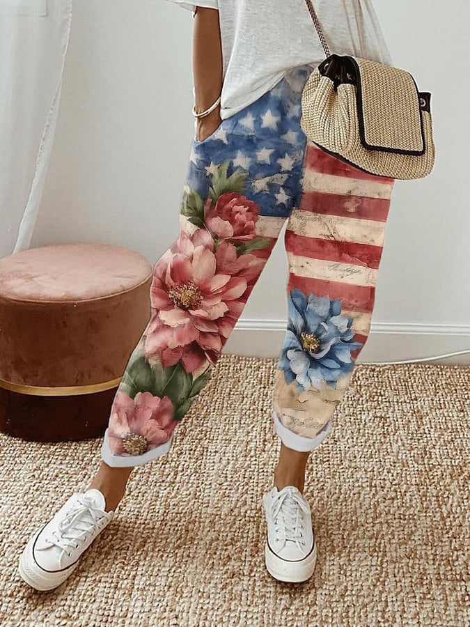 Women's Independence Day Floral Print Cotton and Linen Pants