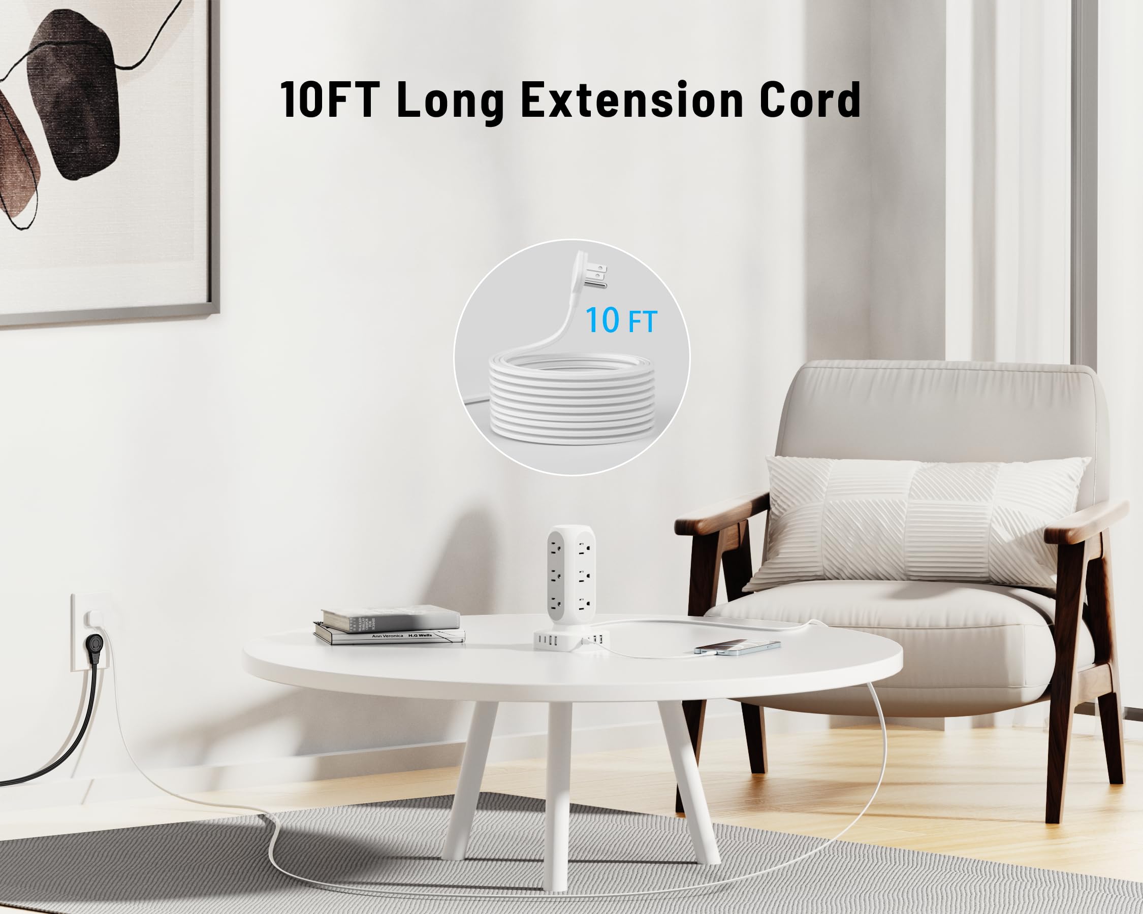 🔥Last Day 49% OFF🔥Flat Plug Power Strip Tower, 10FT 40W Total Fast Charging Station