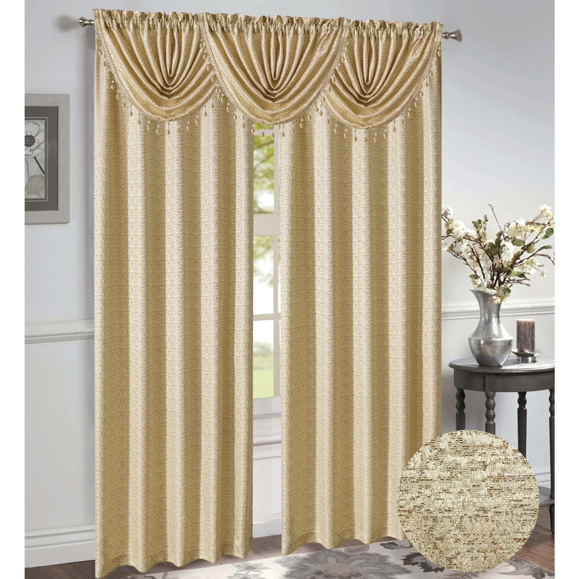 Norah Jacquard Rod Pocket Window Panel and Valance Treatments, All Sold Separately
