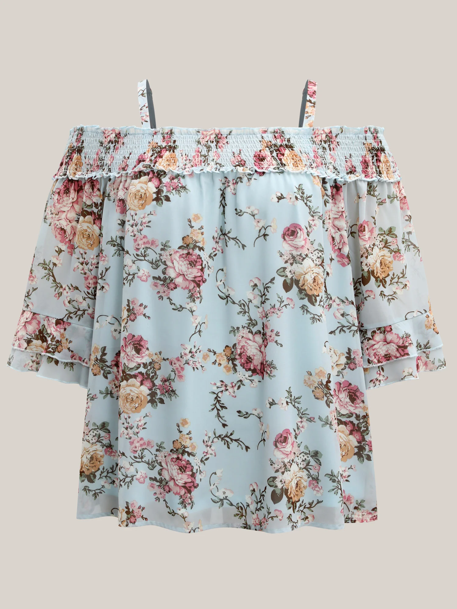 Shirred Off-Shoulder Chiffon Floral Blouse
