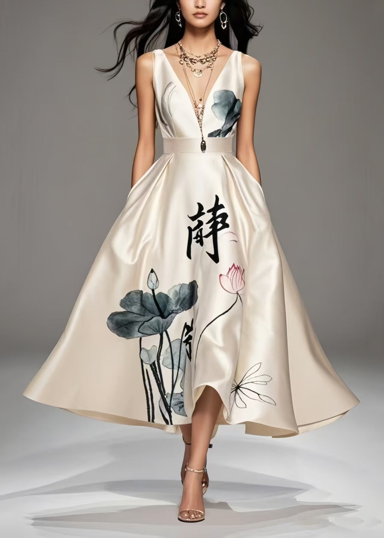 Art Milk White Print Exra Large Hem Silk Cami Dresses Summer
