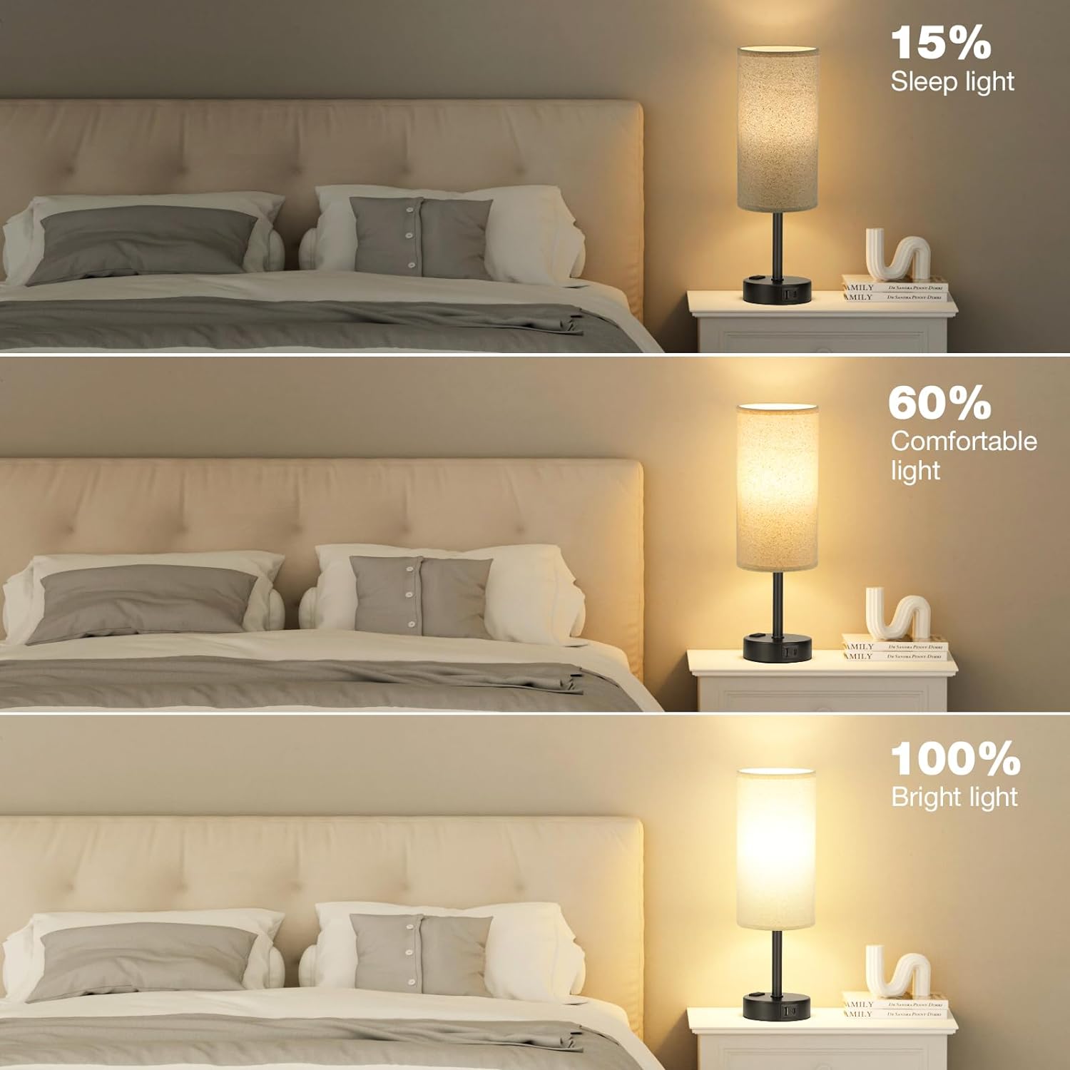 Bedside Table Lamp for Bedroom - 3 Way Dimmable Touch Lamp USB C Charging Ports and AC Outlet, Small Lamp Wood Base Round Flaxen Fabric Shade for Living Room, Desk, LED Bulb Included