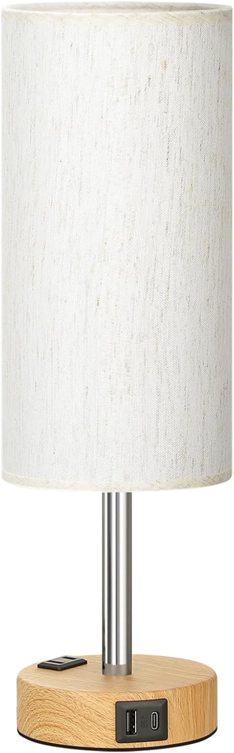 Bedside Table Lamp for Bedroom - 3 Way Dimmable Touch Lamp USB C Charging Ports and AC Outlet, Small Lamp Wood Base Round Flaxen Fabric Shade for Living Room, Desk, LED Bulb Included